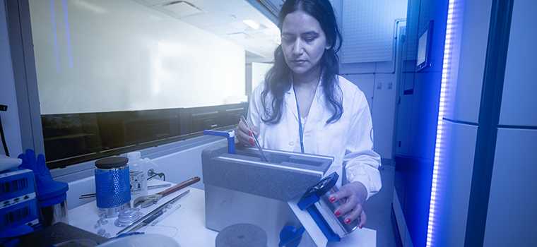 An MSK scientist works inside a laboratory at the sample loading station for the Krios G4 microscope. 